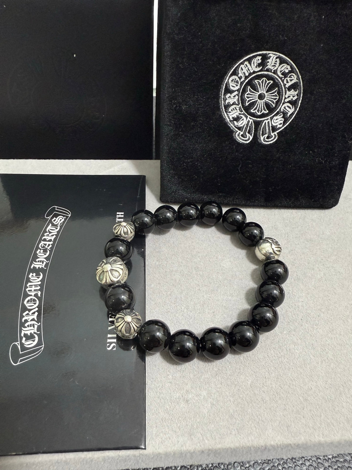 Gothic Emblem Beaded Bracelet in Antique Silver-Tone – Design 28 side detail