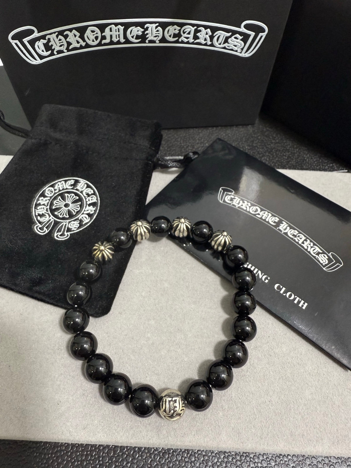 Gothic Emblem Beaded Bracelet in Antique Silver-Tone – Design 29 detail view