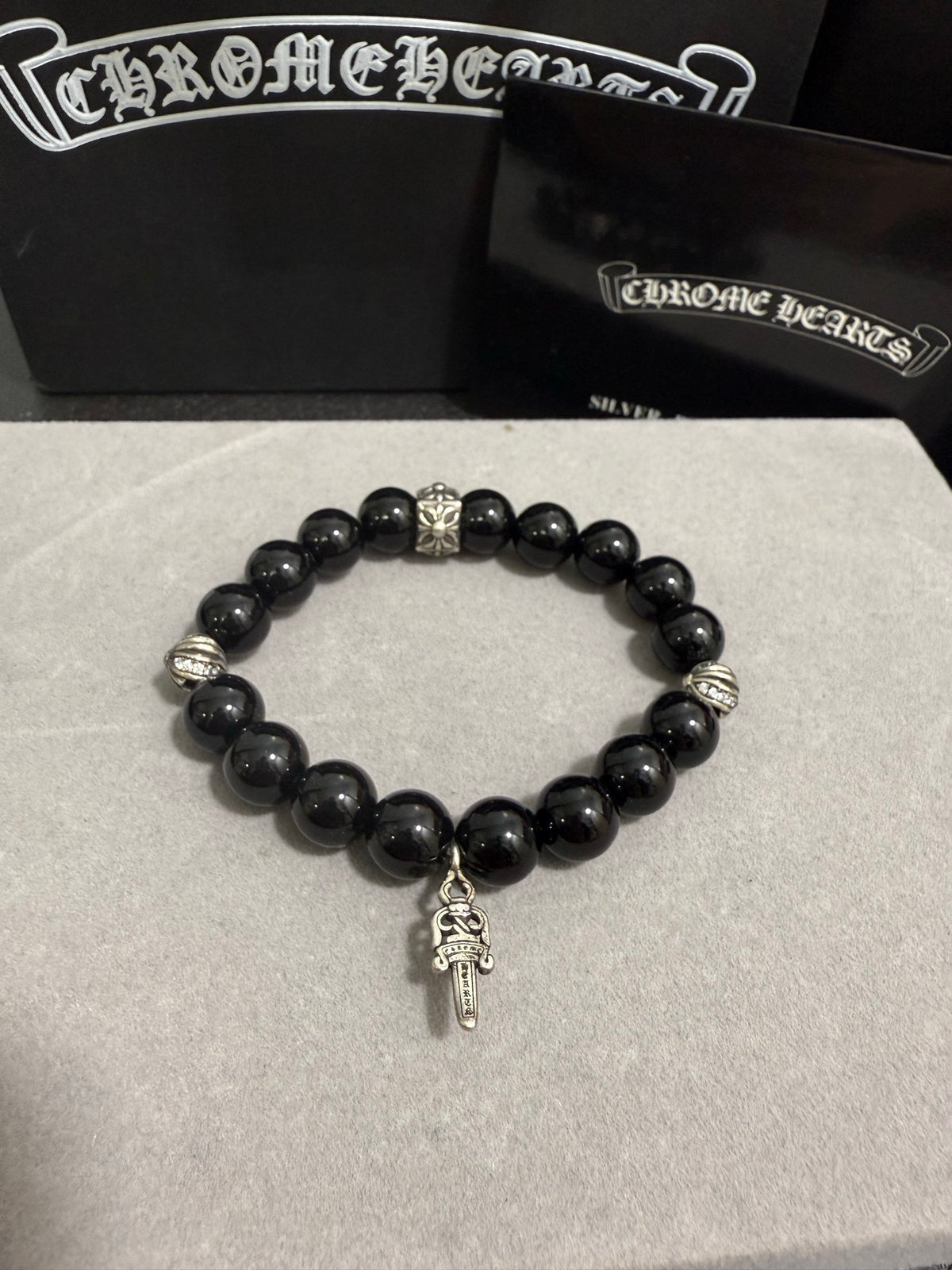 Gothic Emblem Beaded Bracelet in Antique Silver-Tone – Design 30 front product view