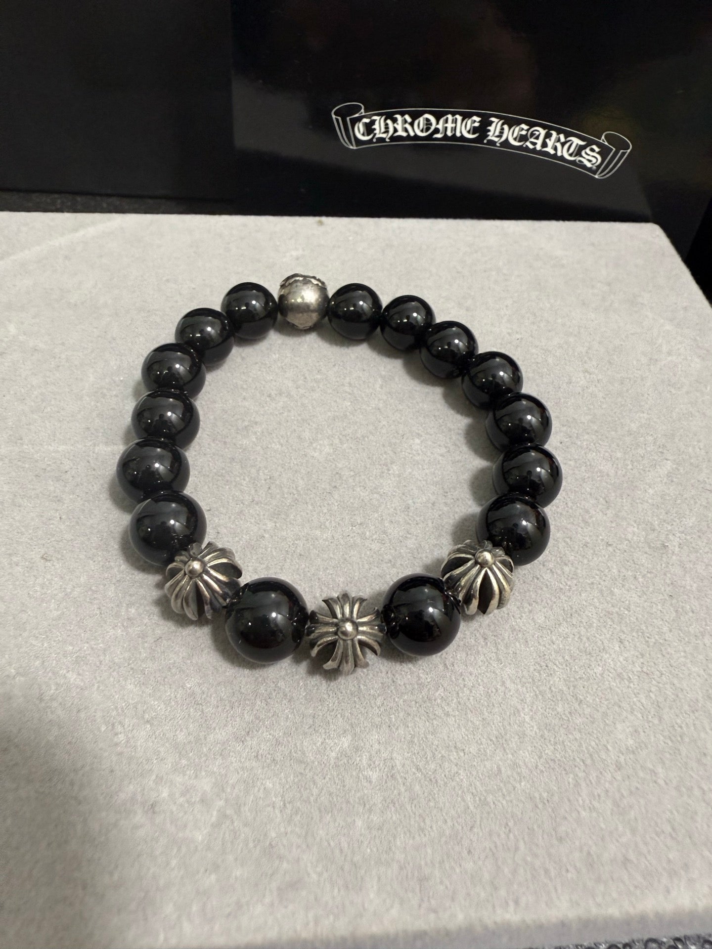 Gothic Emblem Beaded Bracelet in Antique Silver-Tone – Design 31 front product view