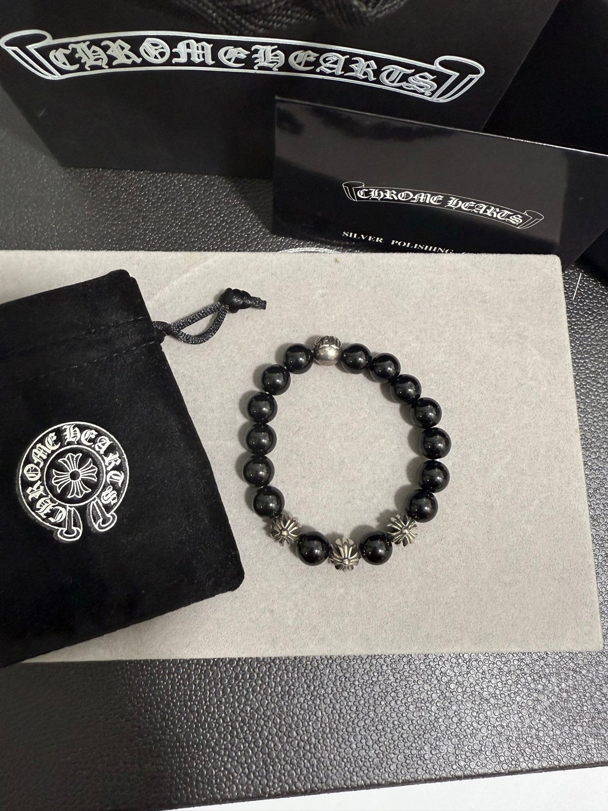 Gothic Emblem Beaded Bracelet in Antique Silver-Tone – Design 31 side detail