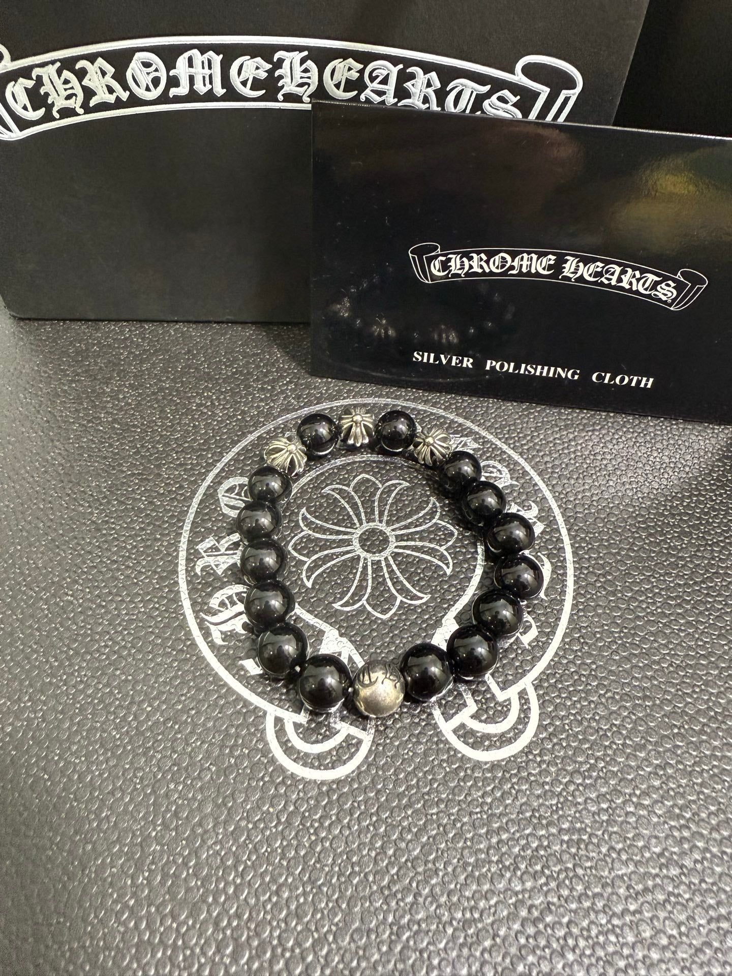 Gothic Emblem Beaded Bracelet in Antique Silver-Tone – Design 31 detail view