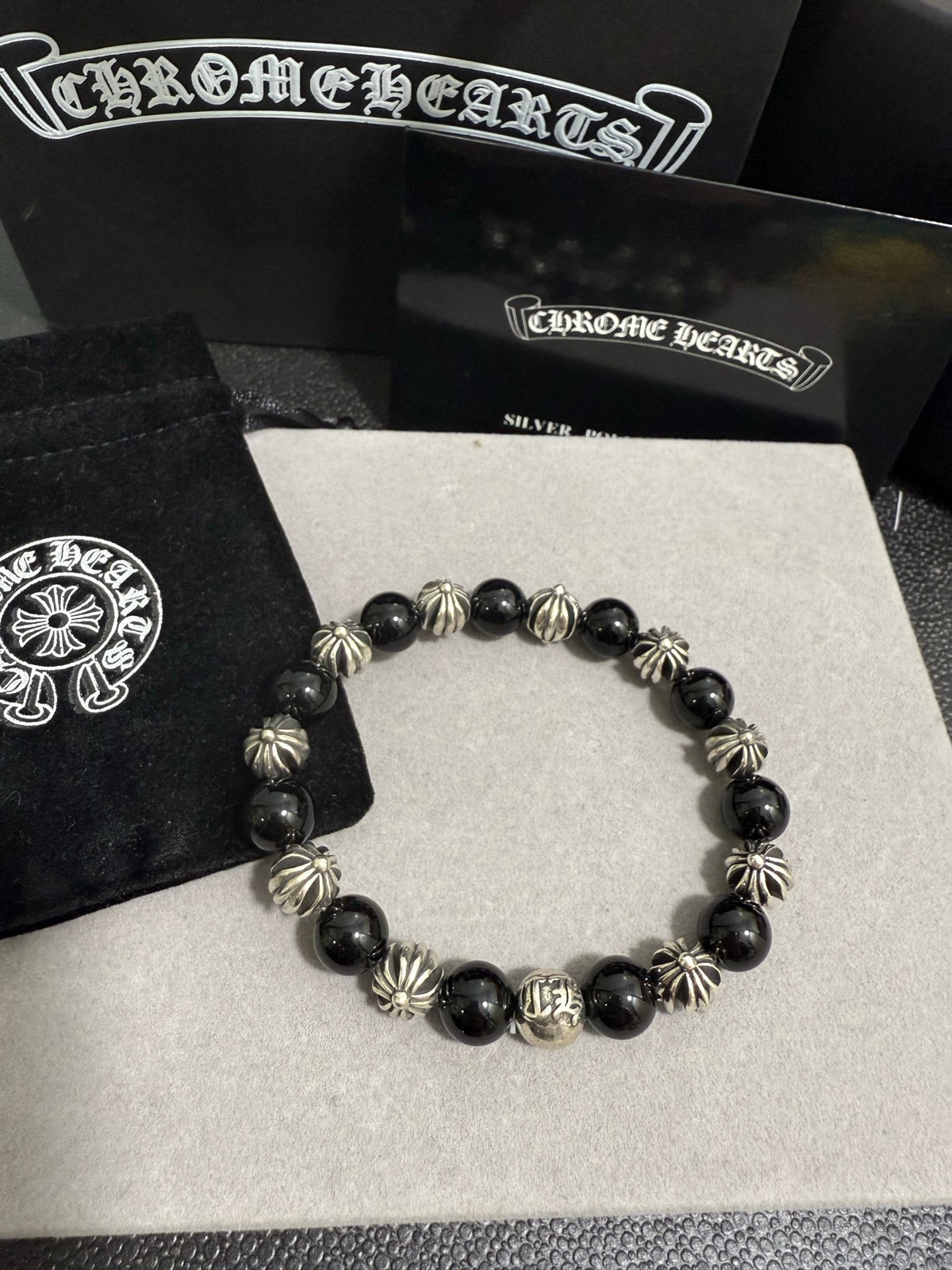 Gothic Emblem Beaded Bracelet in Antique Silver-Tone – Design 32 main product view