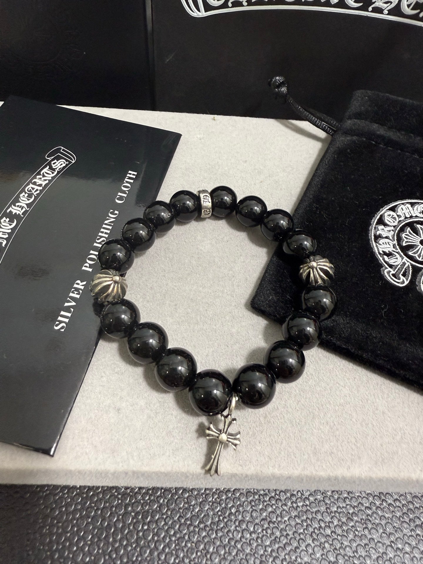 Gothic Emblem Beaded Bracelet in Antique Silver-Tone – Design 34 front product view