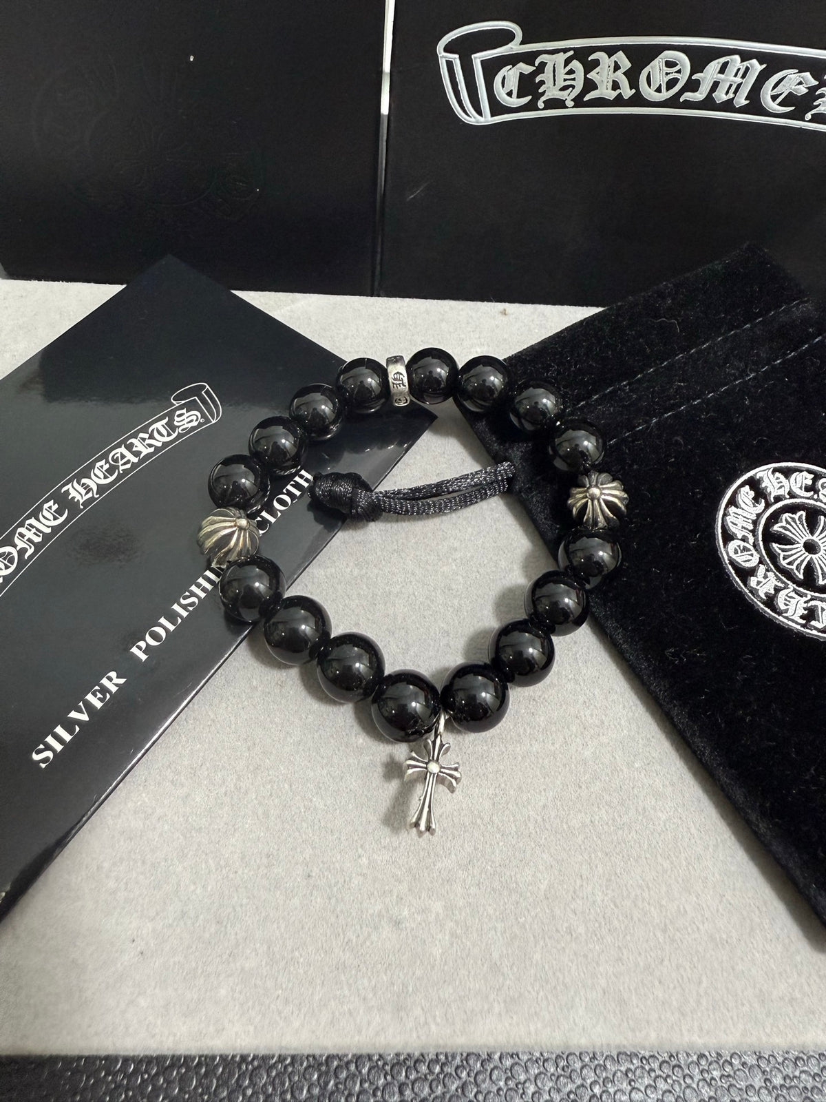Gothic Emblem Beaded Bracelet in Antique Silver-Tone – Design 34 detail view