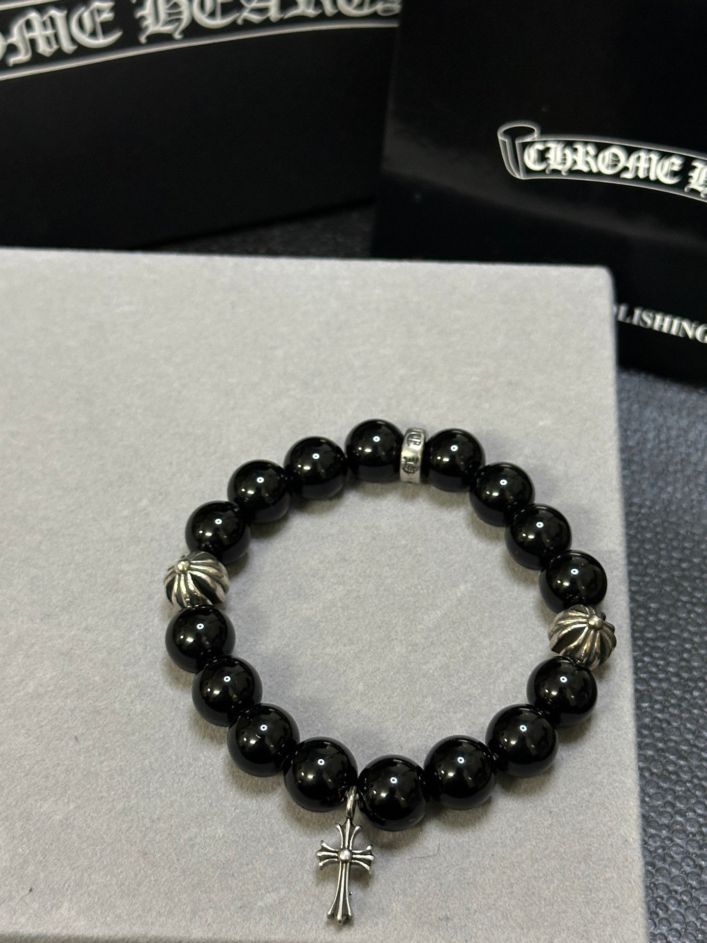 Gothic Emblem Beaded Bracelet in Antique Silver-Tone – Design 34 main product view