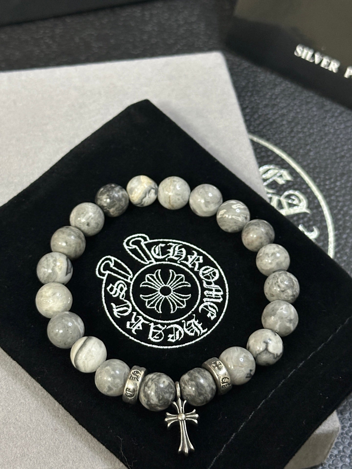 Gothic Emblem Beaded Bracelet in Antique Silver-Tone – Design 36 main product view