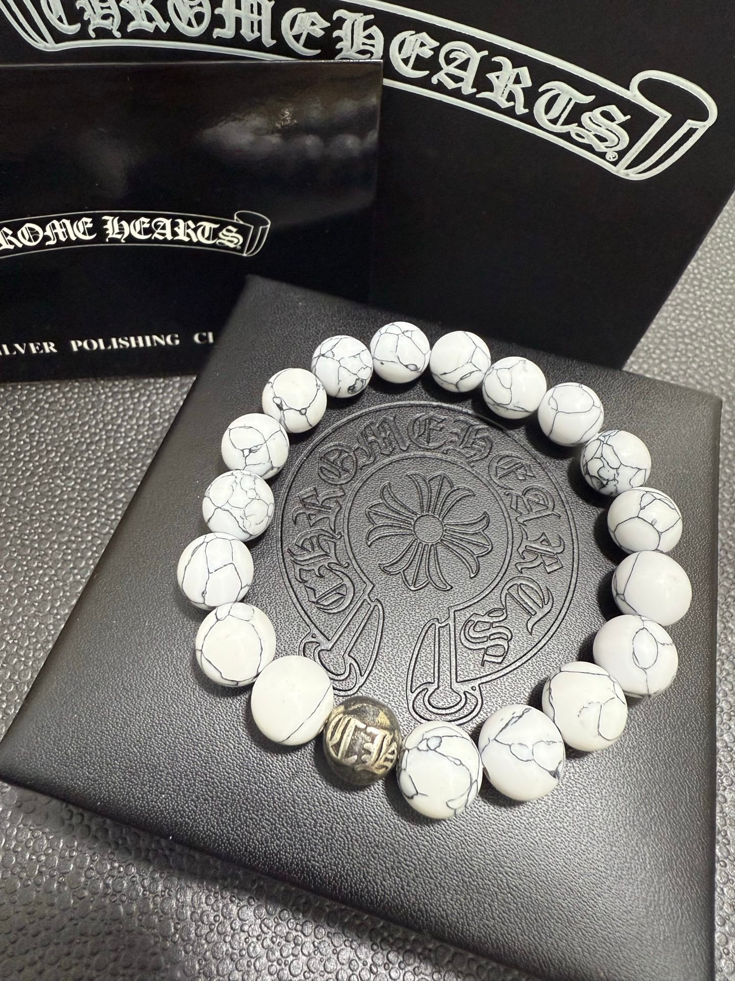 Gothic Emblem Beaded Bracelet in Antique Silver-Tone – Design 37 front product view