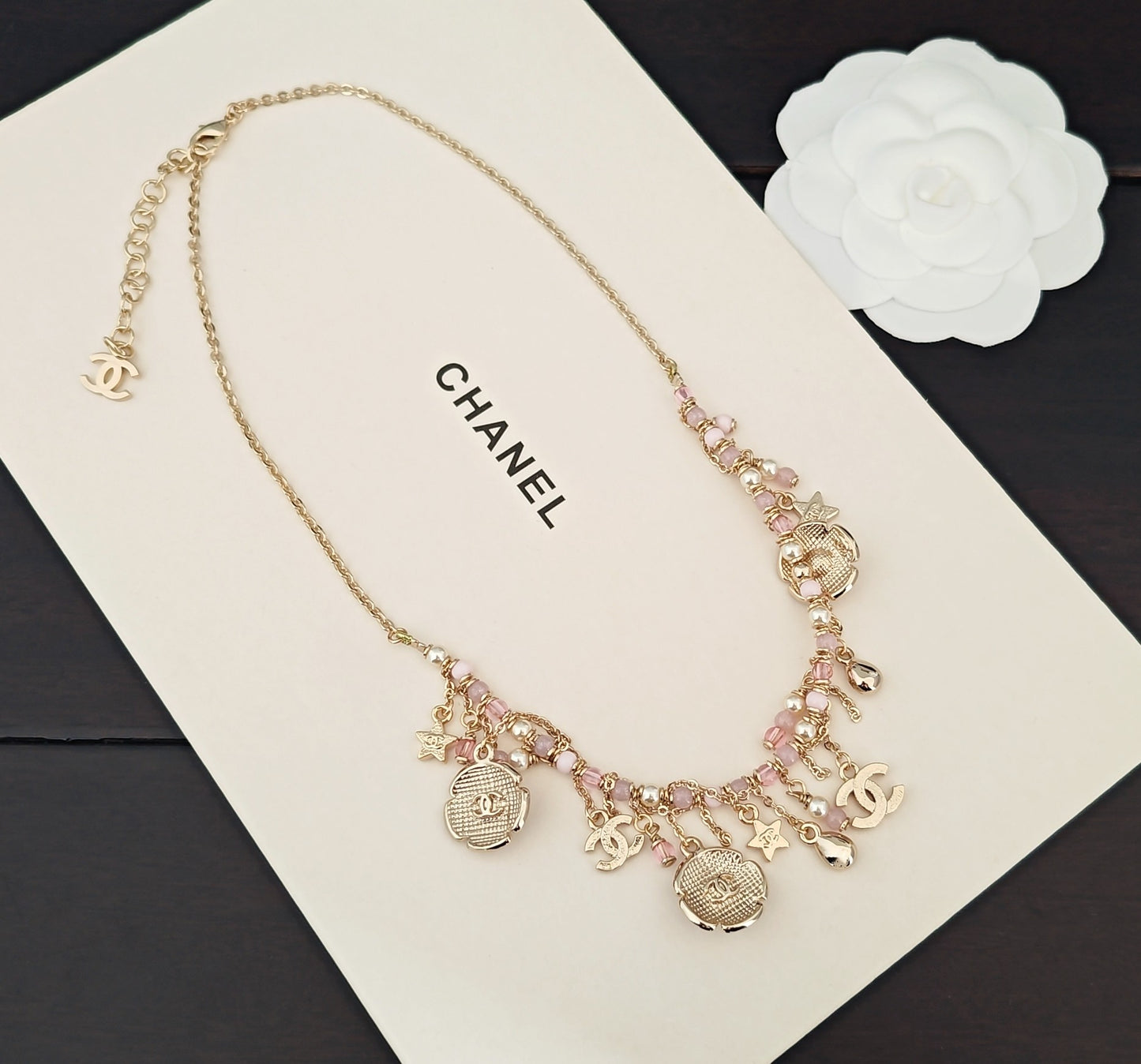Signature Emblem Pendant Necklace in Gold-Tone – Pink Detail – Design 003 styled product view