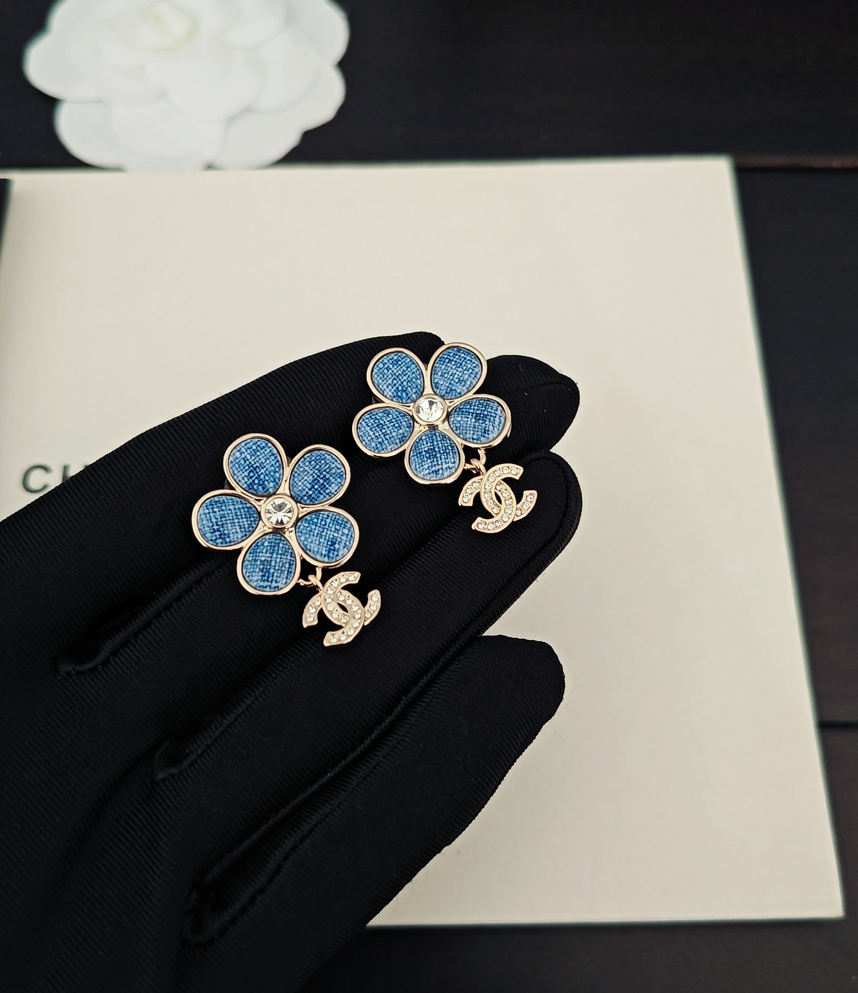 Floral Statement Earrings in Gold-Tone – Blue Detail detail view