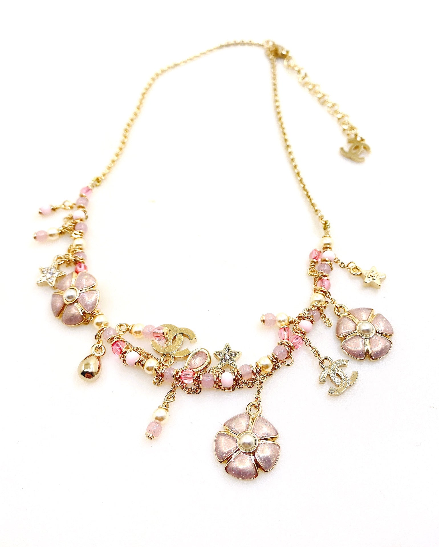 Signature Emblem Pendant Necklace in Gold-Tone – Pink Detail – Design 002 main product view