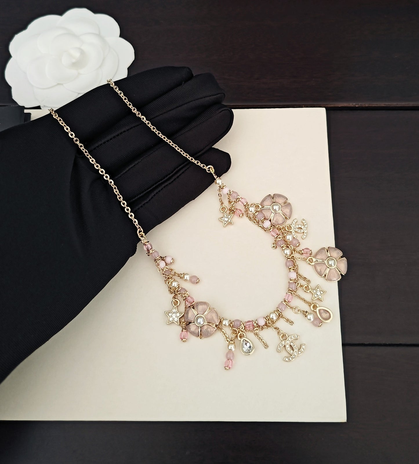 Signature Emblem Pendant Necklace in Gold-Tone – Pink Detail side detail