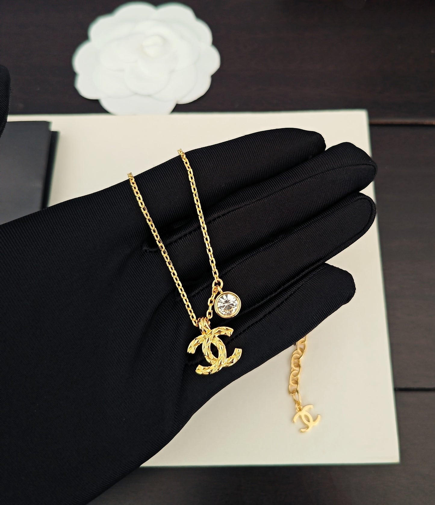 Signature Emblem Crystal-Accent Pendant Necklace – White Detail – Design 002 main product view