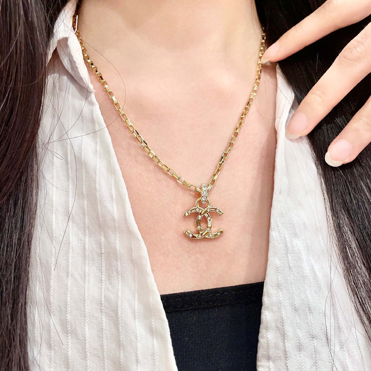 Double-C Emblem Crystal-Accent Pendant Necklace – Design 033 detail view