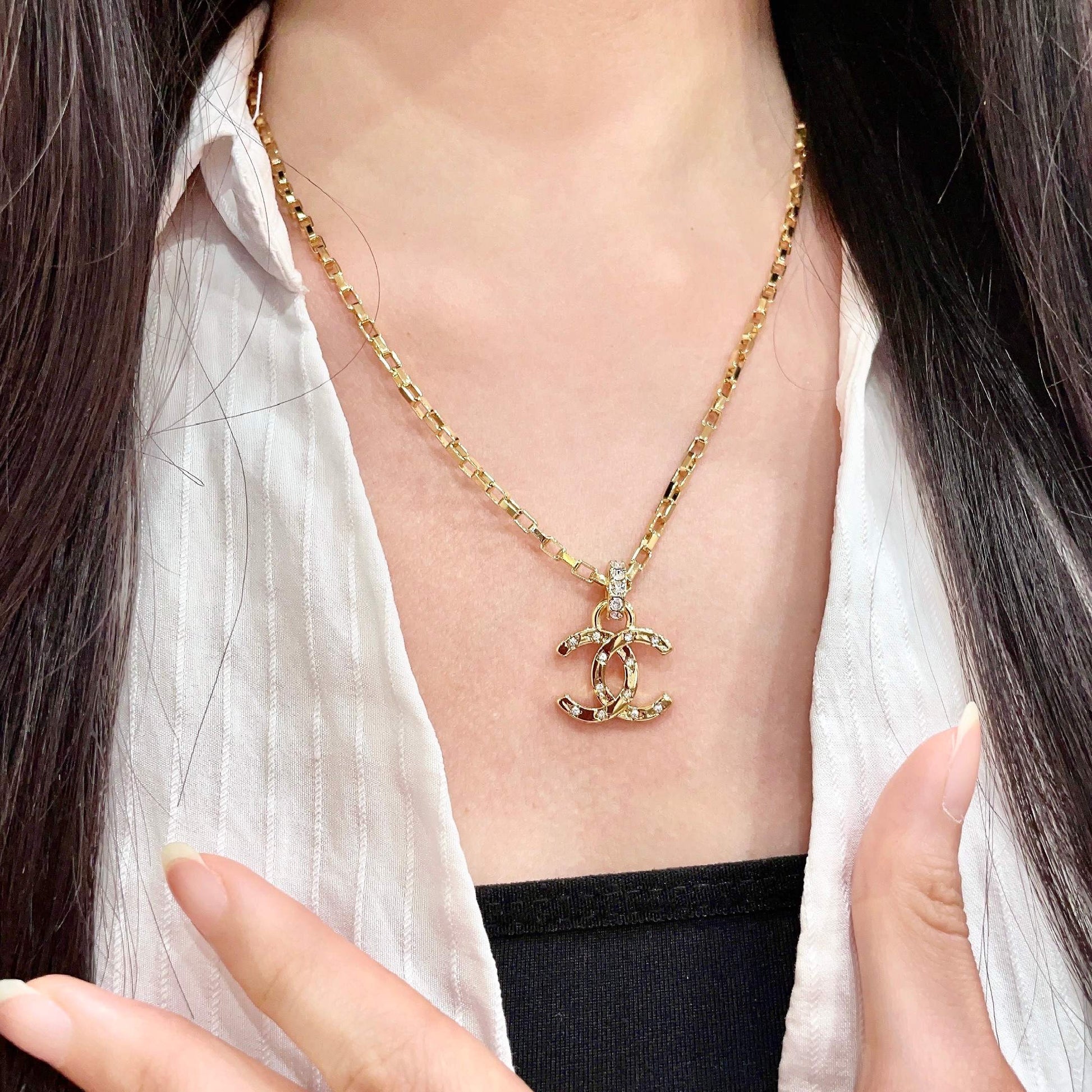 Double-C Emblem Crystal-Accent Pendant Necklace – Design 033 front product view