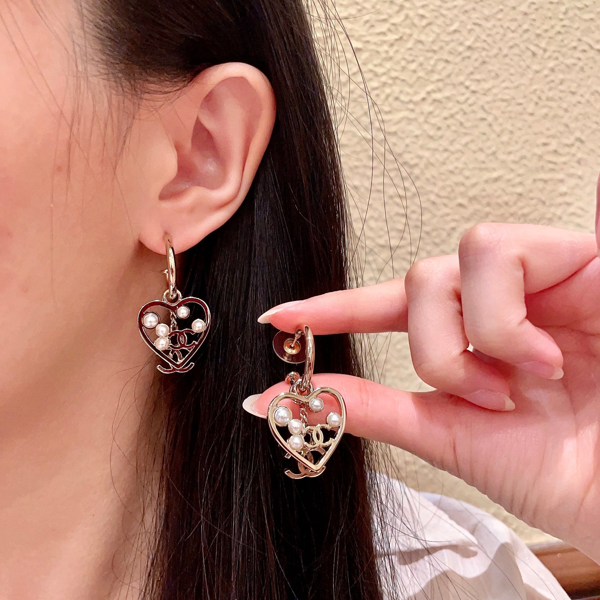 Double-C Emblem Stud Earrings in Polished Metal-Tone – Heart Detail – Design 008 main product view
