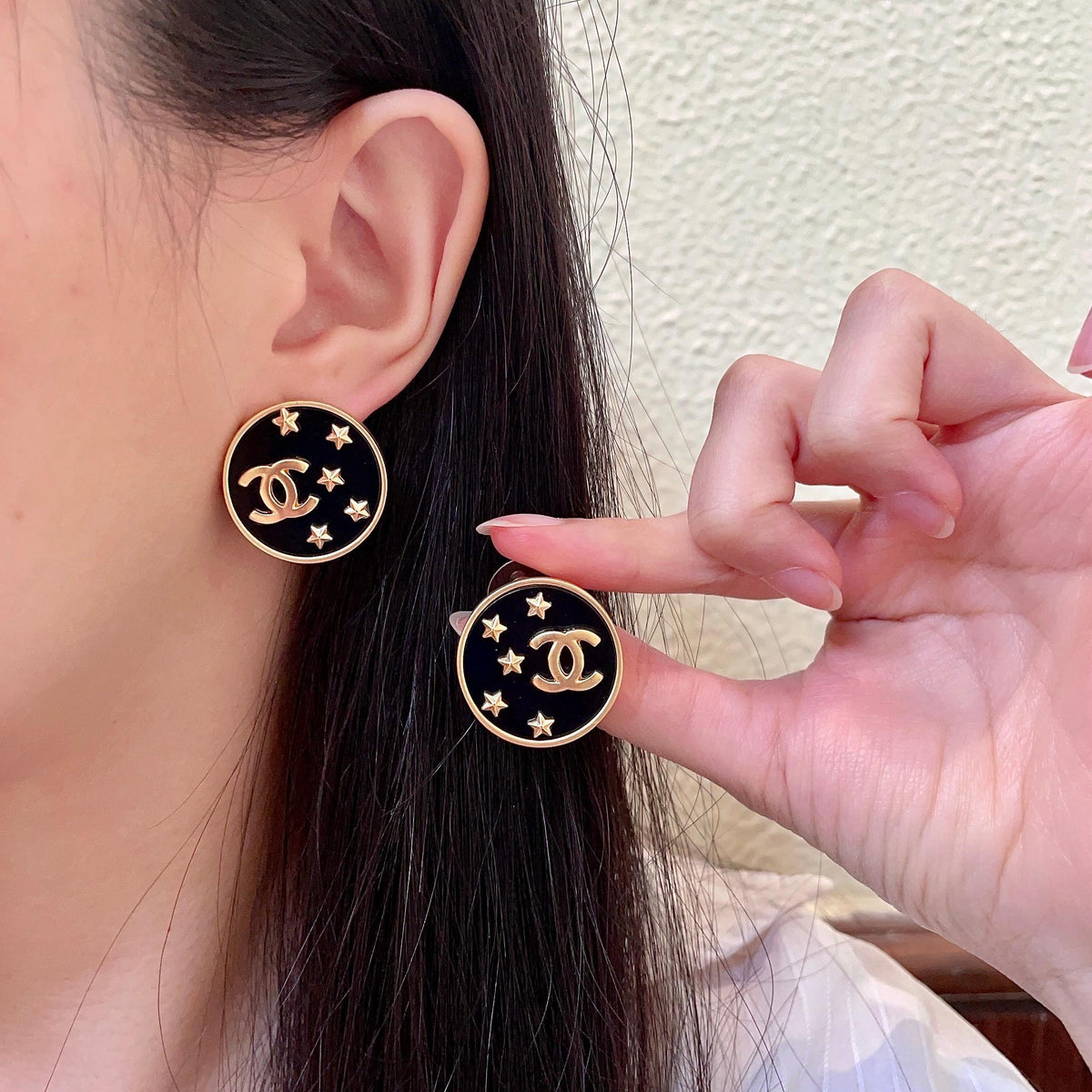 Double-C Emblem Stud Earrings in Polished Metal-Tone – Star Detail – Design 005 main product view