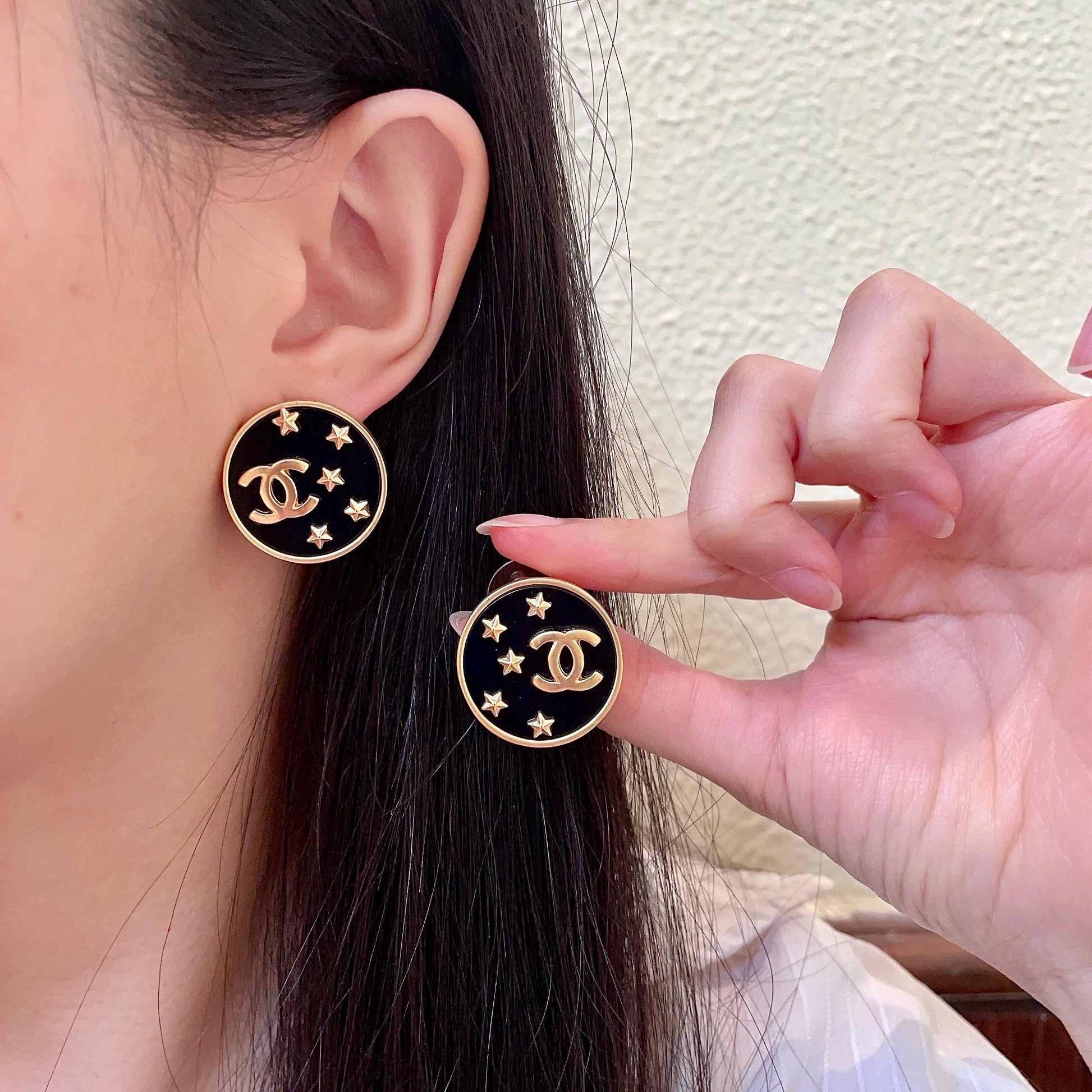 Double-C Emblem Stud Earrings in Polished Metal-Tone – Star Detail – Design 007 main product view