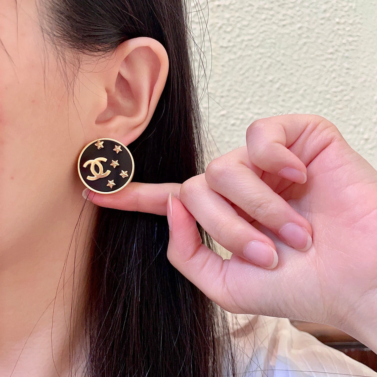 Double-C Emblem Stud Earrings in Polished Metal-Tone – Star Detail – Design 005 front product view