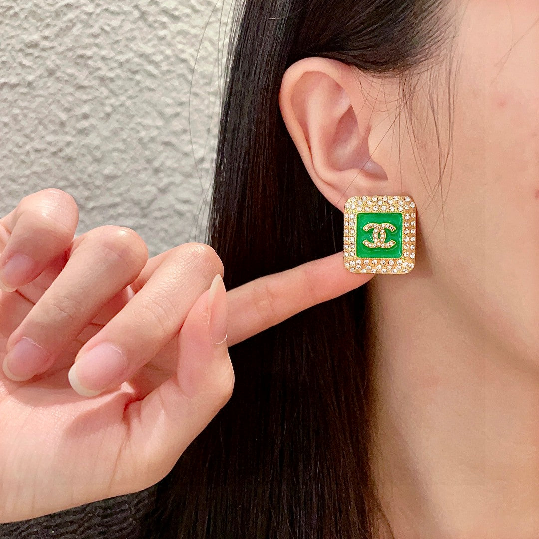 Double-C Emblem Crystal-Accent Stud Earrings – Design 035 front product view