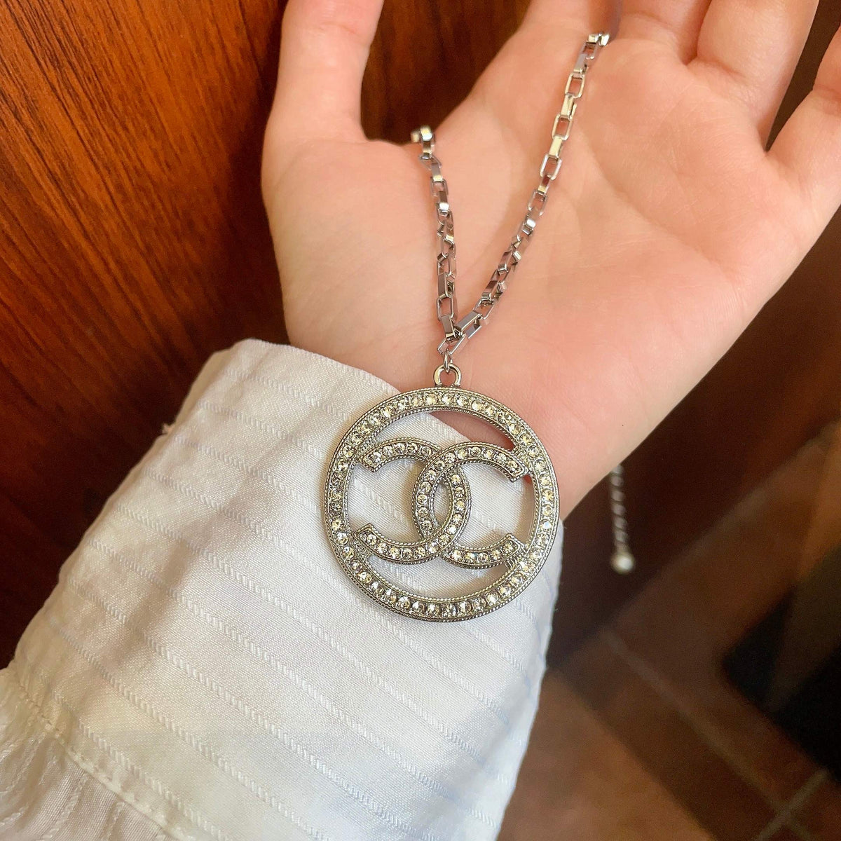 Double-C Emblem Crystal-Accent Pendant Necklace – Design 010 side detail