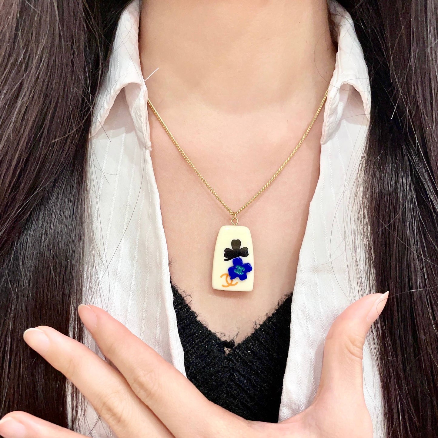 Camellia Pendant Necklace in Polished Metal-Tone – Camellia Detail – Design 019 front product view