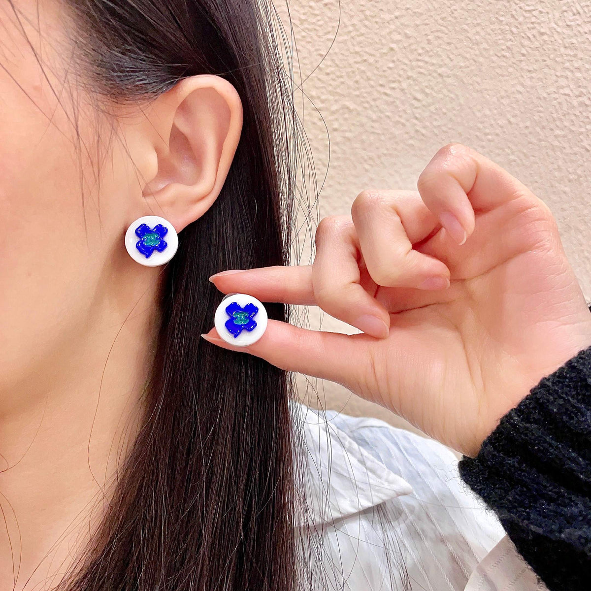 Camellia Stud Earrings in Polished Metal-Tone – Camellia Detail – Design 042 main product view