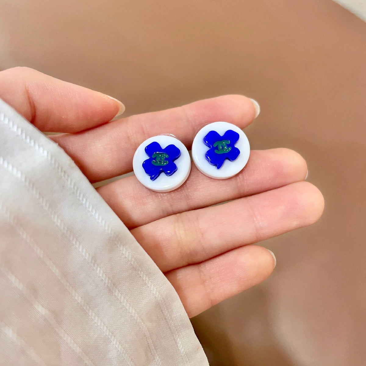 Camellia Stud Earrings in Polished Metal-Tone – Camellia Detail – Design 042 side detail
