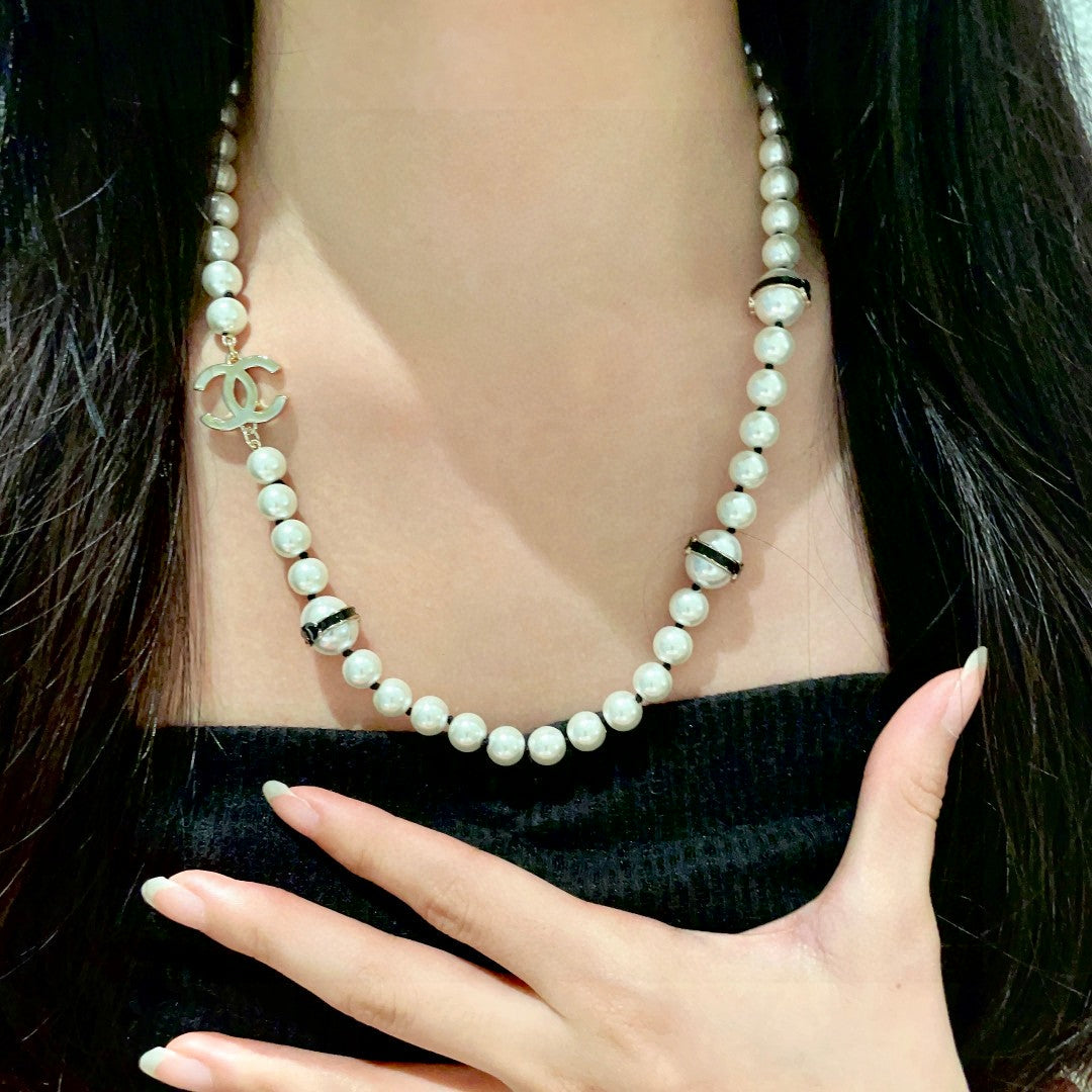 Double-C Emblem Pearl-Detail Pendant Necklace – Pearl Detail – Design 007 front product view