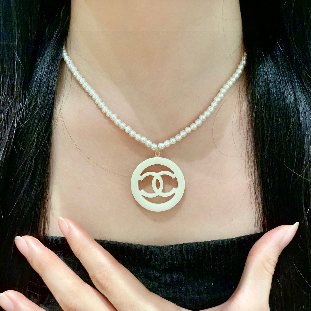 Double-C Emblem Pearl-Detail Pendant Necklace – Pearl Detail – Design 005 front product view