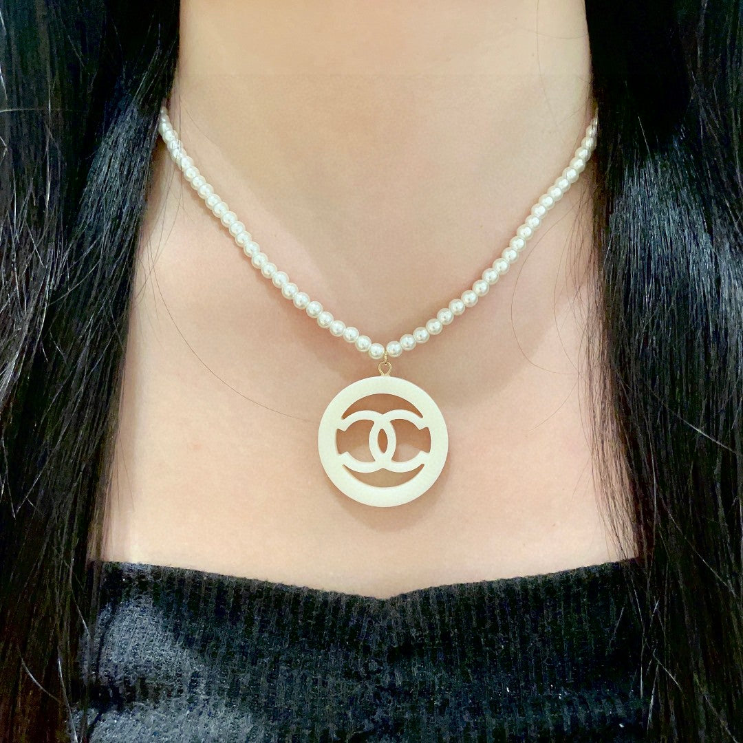 Double-C Emblem Pearl-Detail Pendant Necklace – Pearl Detail – Design 005 detail view