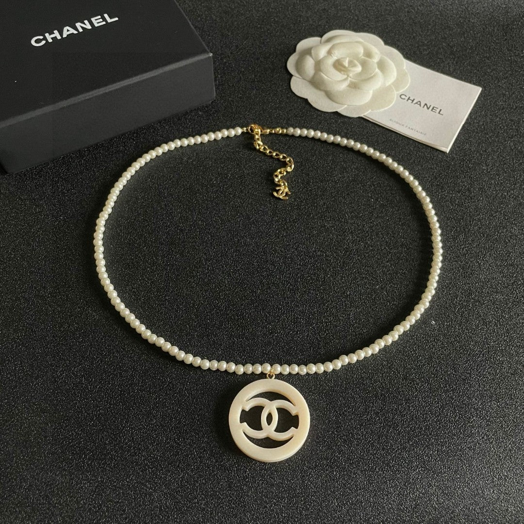 Double-C Emblem Pearl-Detail Pendant Necklace – Pearl Detail – Design 005 detail view