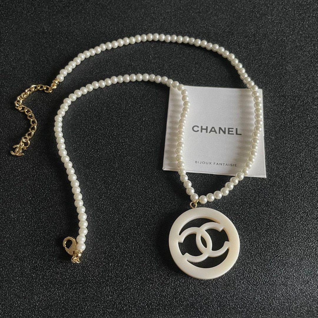 Double-C Emblem Pearl-Detail Pendant Necklace – Pearl Detail – Design 005 front product view