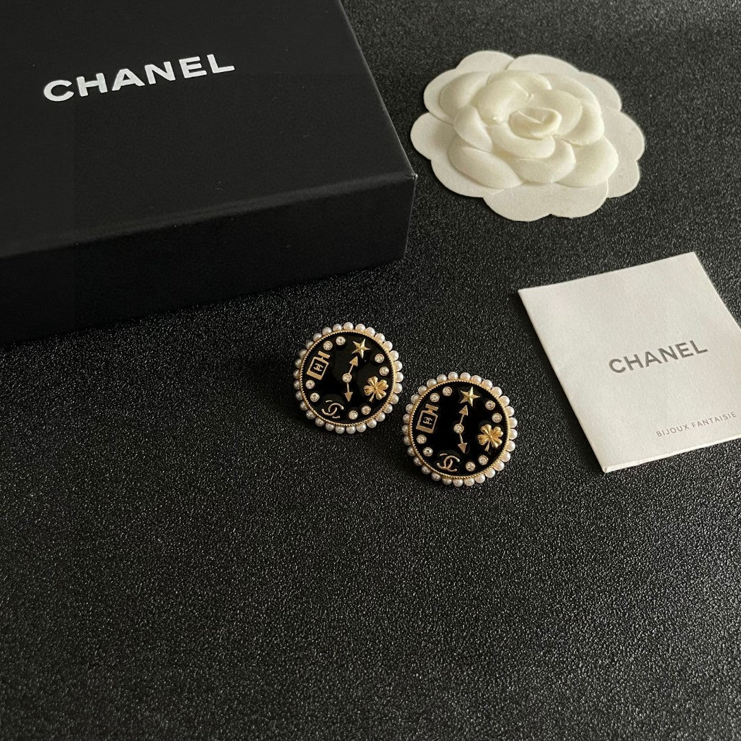 Double-C Emblem Stud Earrings in Polished Metal-Tone – Design 019 styled product view