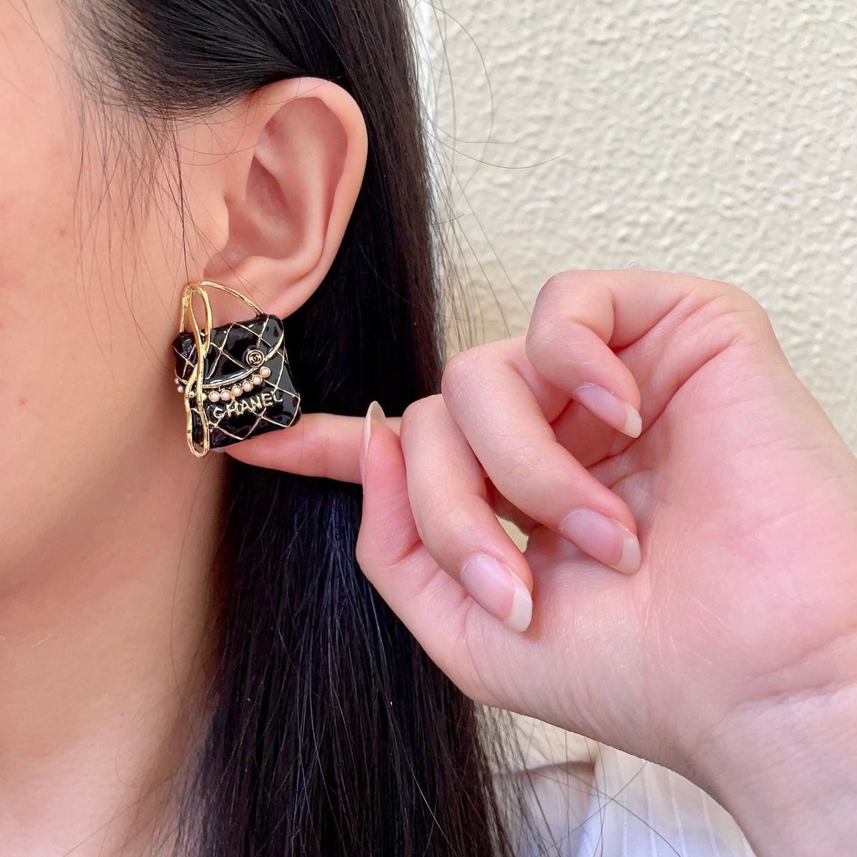 Double-C Emblem Stud Earrings in Polished Metal-Tone – Design 337 front product view