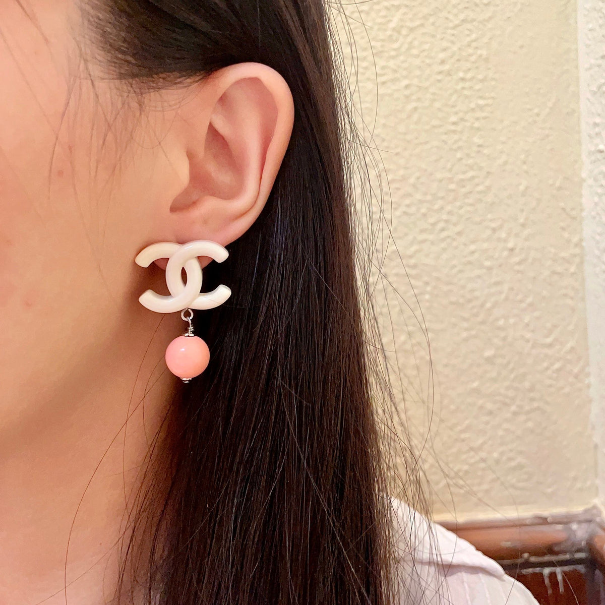 Double-C Emblem Pearl-Detail Statement Earrings – Pearl Detail – Design 004 detail view