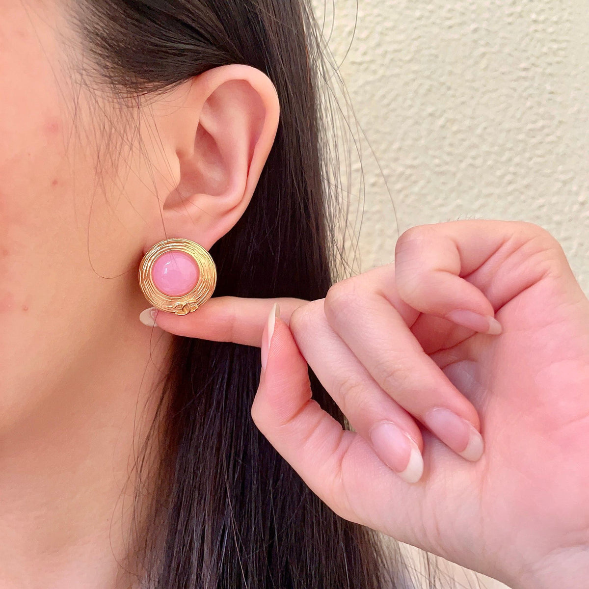 Double-C Emblem Stud Earrings in Polished Metal-Tone – Design 015 front product view