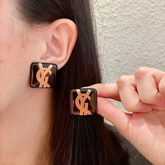 Letter Emblem Stud Earrings in Polished Metal-Tone – Design 019 main product view