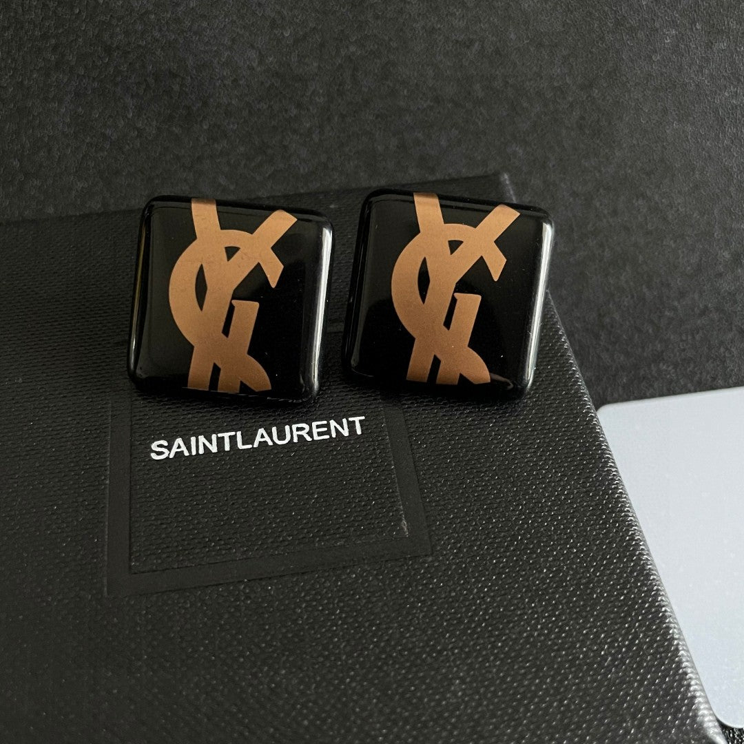 Letter Emblem Stud Earrings in Polished Metal-Tone – Design 017 detail view