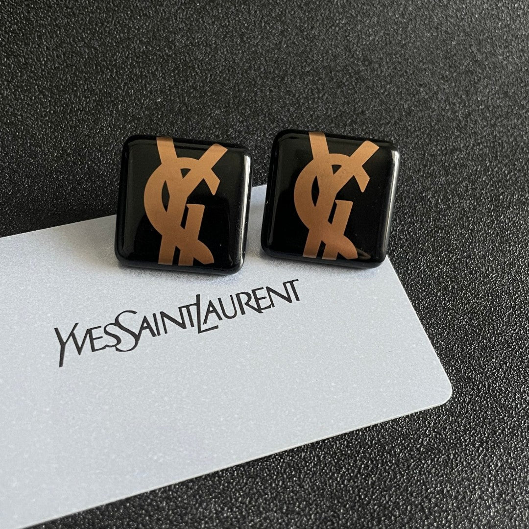 Letter Emblem Stud Earrings in Polished Metal-Tone – Design 011 front product view