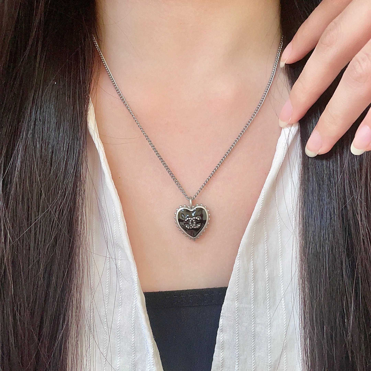 Double-C Emblem Pendant Necklace in Polished Metal-Tone – Heart Detail – Design 003 main product view