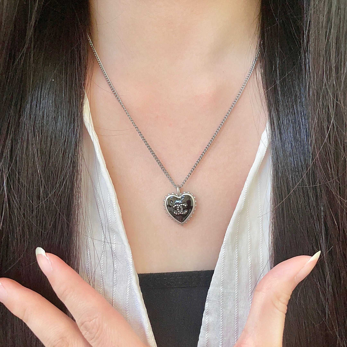 Double-C Emblem Pendant Necklace in Polished Metal-Tone – Heart Detail – Design 003 front product view