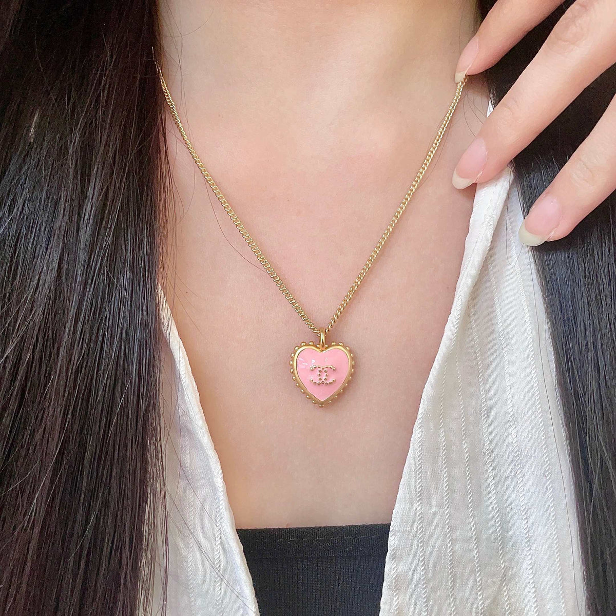 Double-C Emblem Pendant Necklace in Polished Metal-Tone – Heart Detail – Design 002 main product view