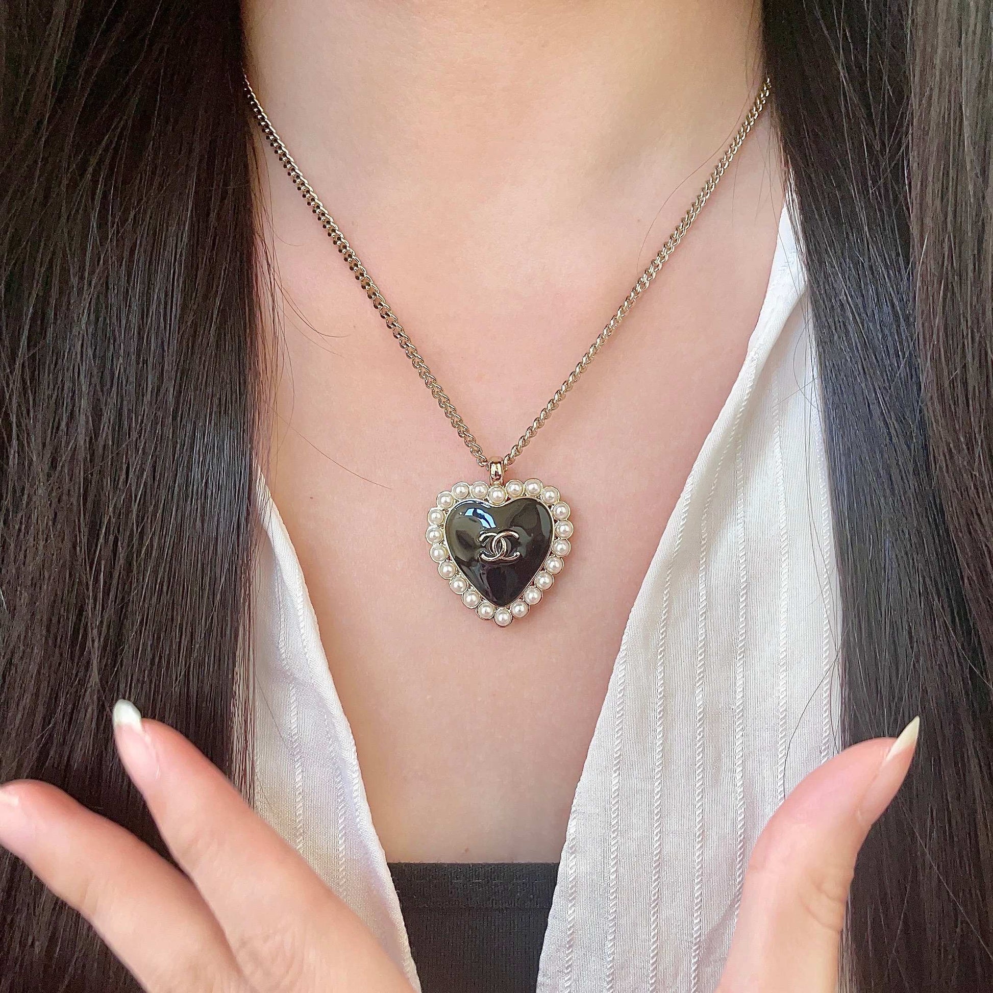 Double-C Emblem Pearl-Detail Pendant Necklace – Pearl Detail – Design 024 front product view