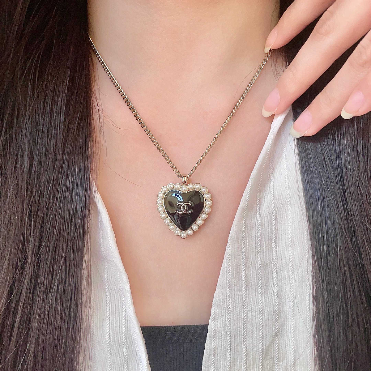 Double-C Emblem Pearl-Detail Pendant Necklace – Pearl Detail – Design 081 main product view