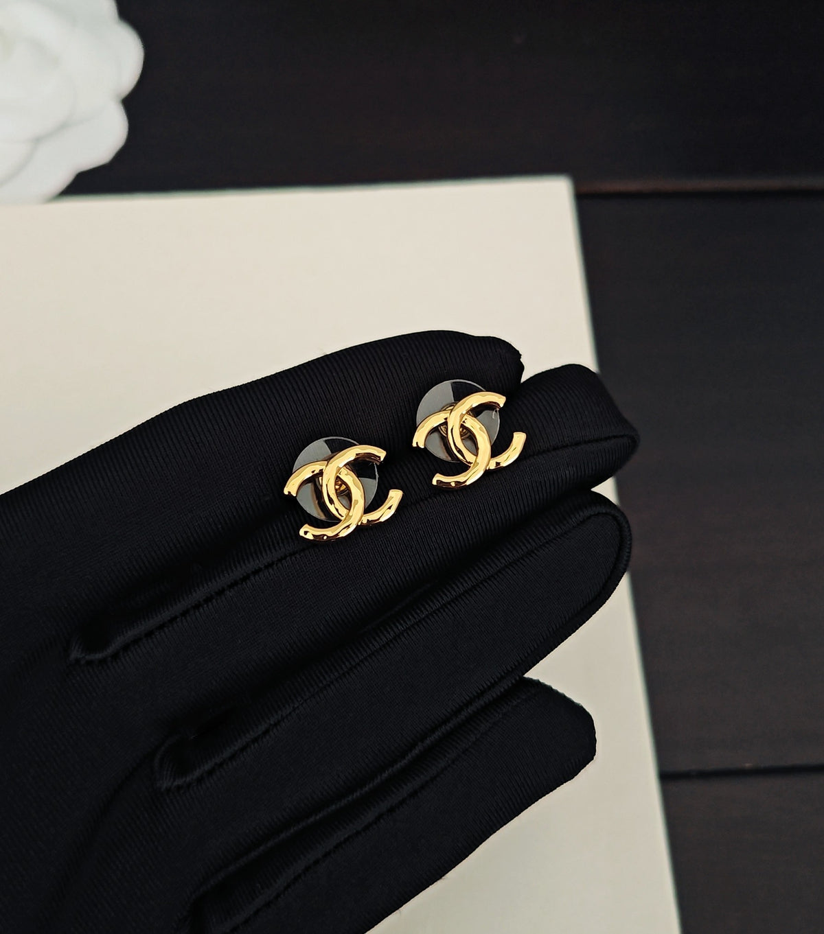 Signature Emblem Stud Earrings in Gold-Tone – Design 027 detail view
