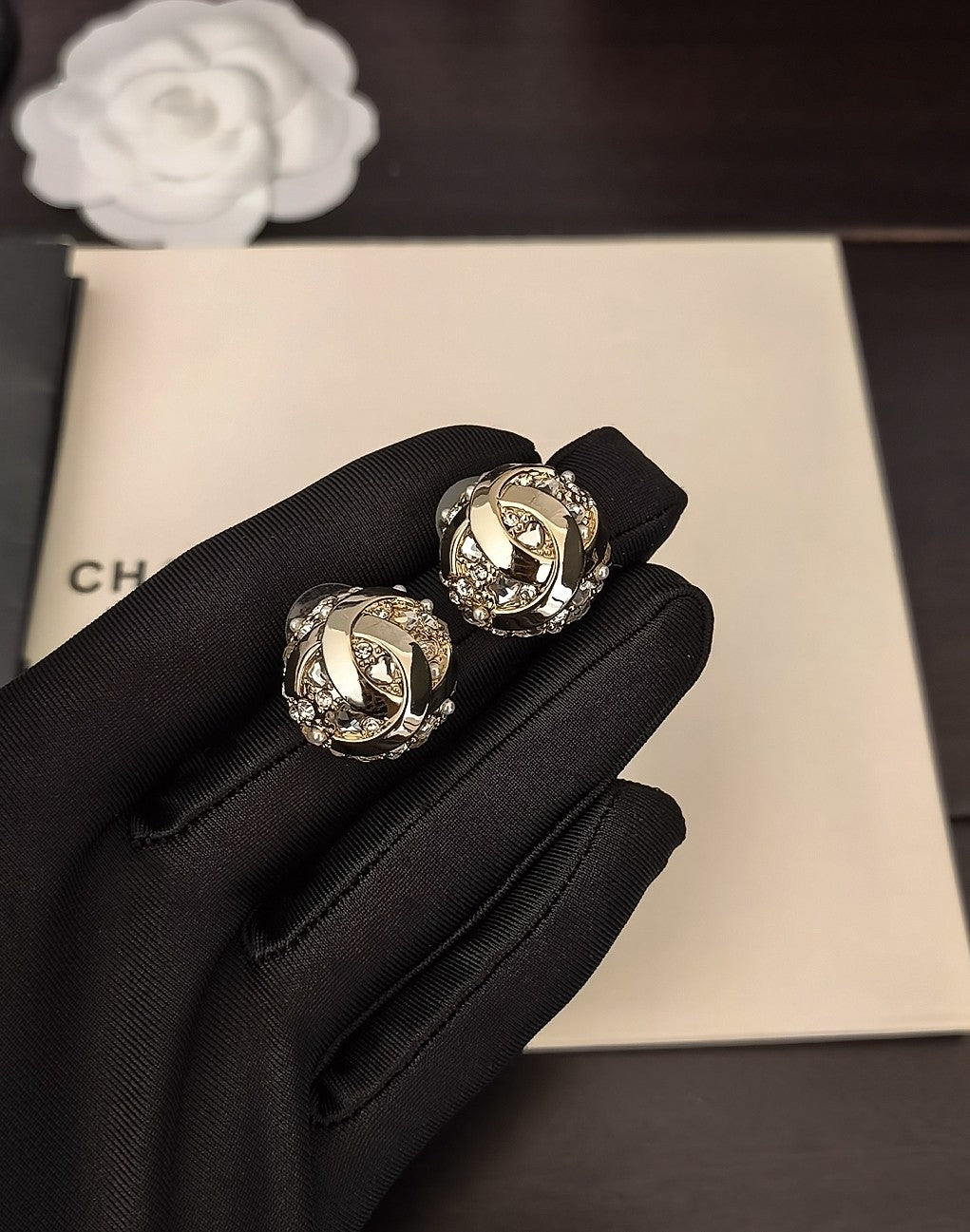 Signature Emblem Crystal-Accent Stud Earrings – Design 012 detail view