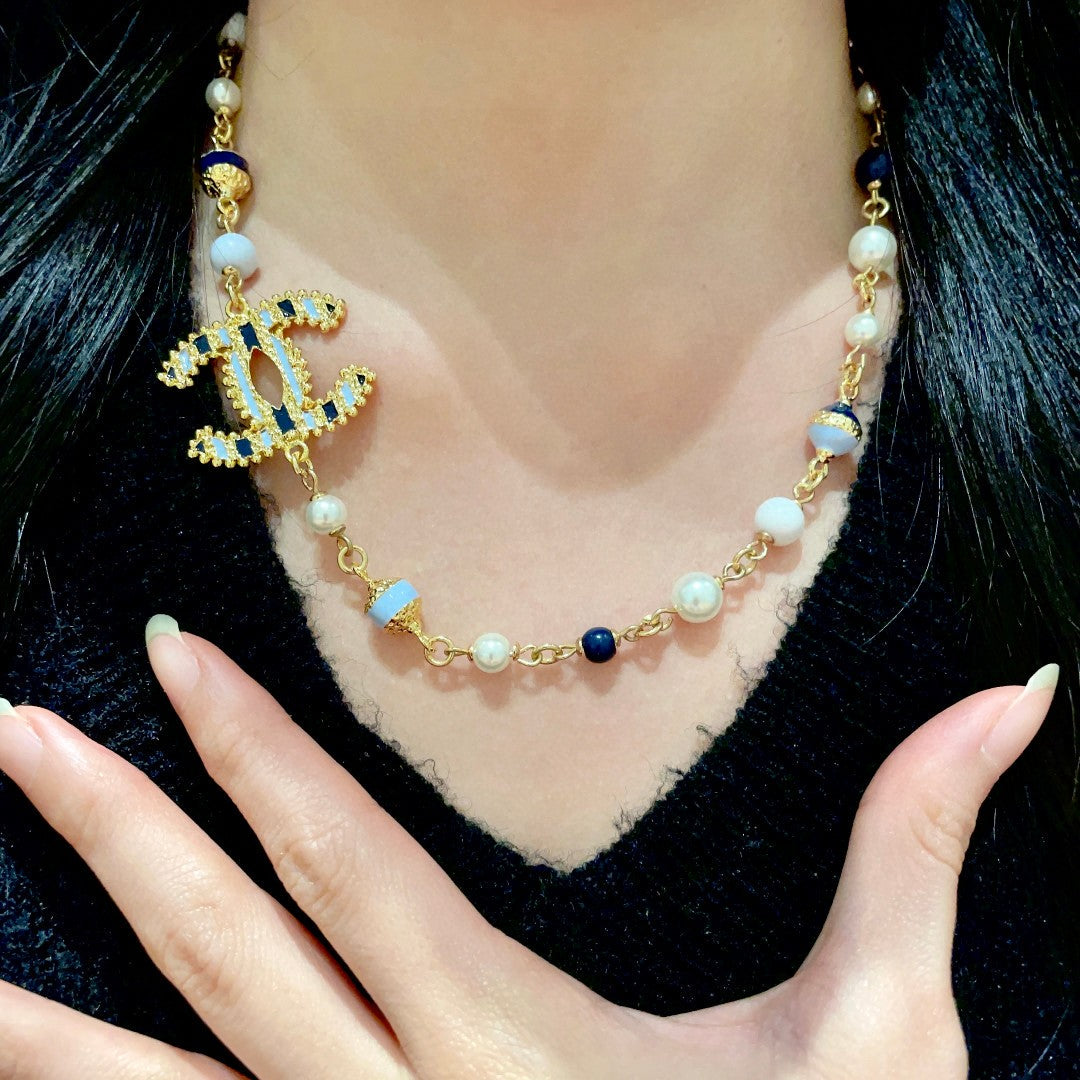 Double-C Emblem Pearl-Detail Pendant Necklace – Pearl Detail – Design 011 side detail