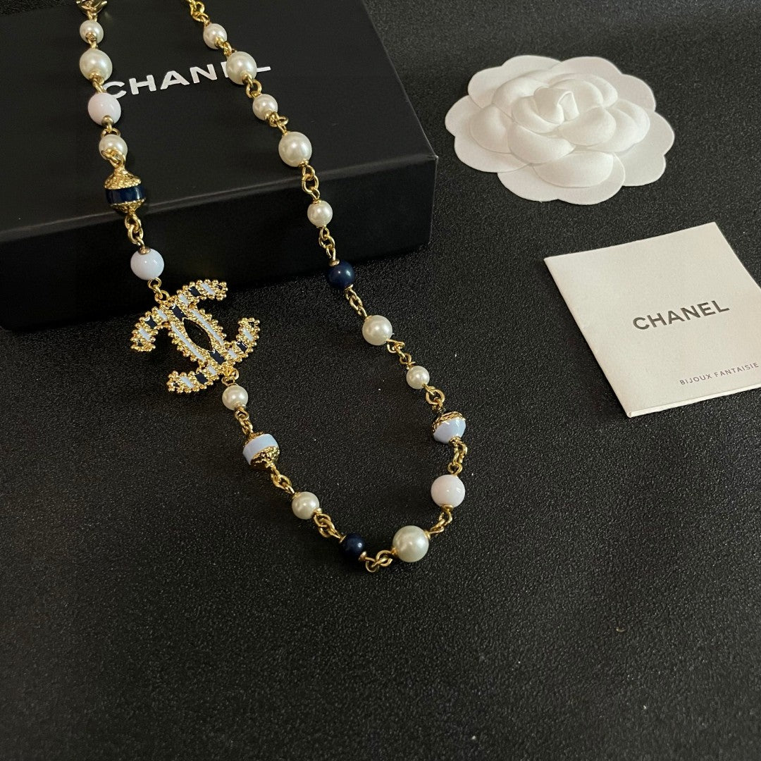 Double-C Emblem Pearl-Detail Pendant Necklace – Pearl Detail – Design 011 front product view