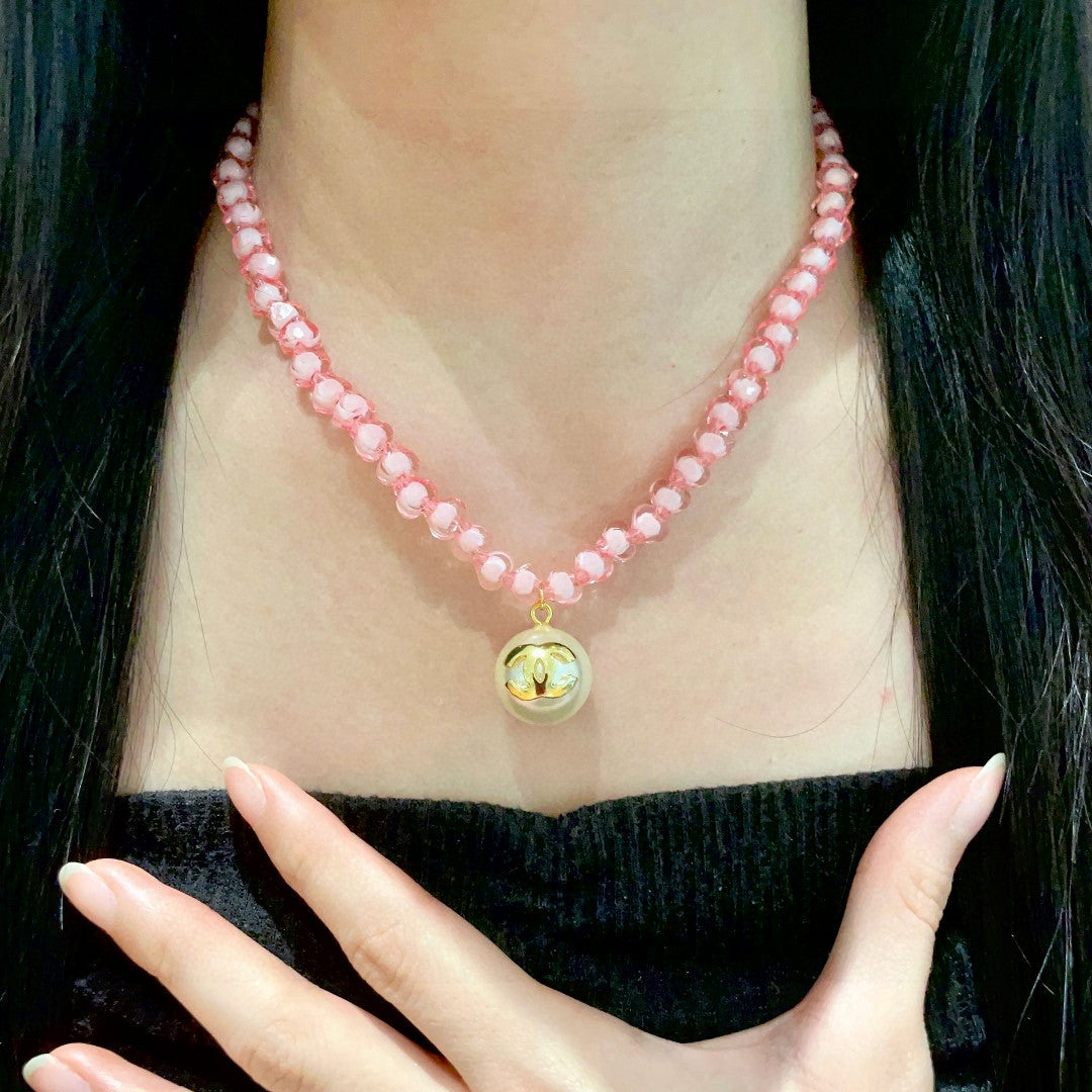 Double-C Emblem Pearl-Detail Pendant Necklace – Pearl Detail – Design 010 front product view